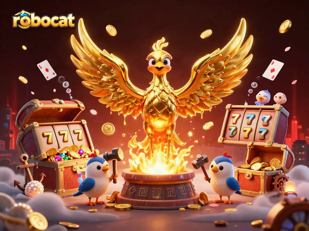 Play slots for wins at Robocat Casino with a golden phoenix and treasure emerging from a forge