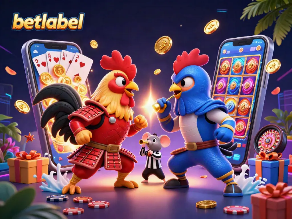 Engage with betlabel's vivid scene showcasing fighting roosters amid casino games and dynamic elements.