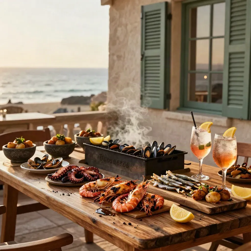 Terraza con tapas piratas, marisco a la brasa y cócteles helados al atardecer.