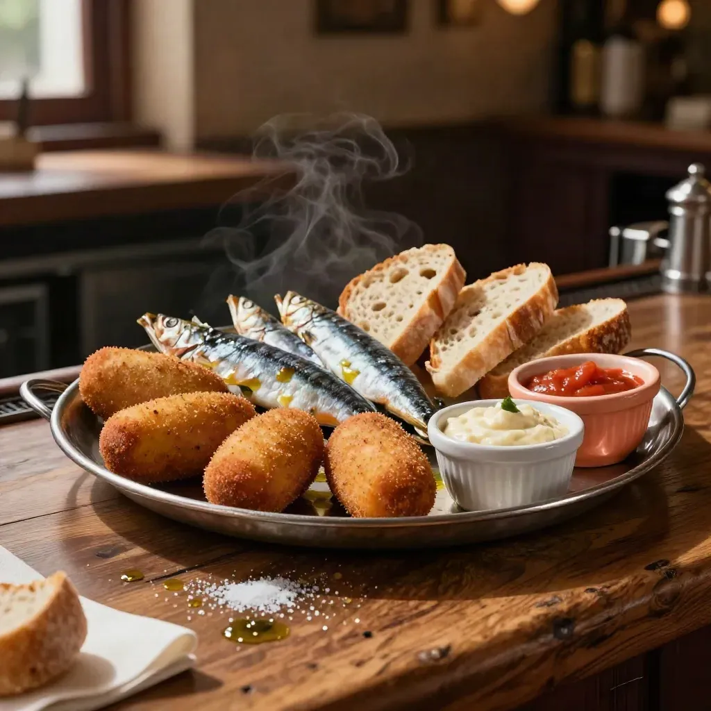 Bandeja de tapas piratas con croquetas, boquerones, pan rústico y salsas sobre barra de madera.