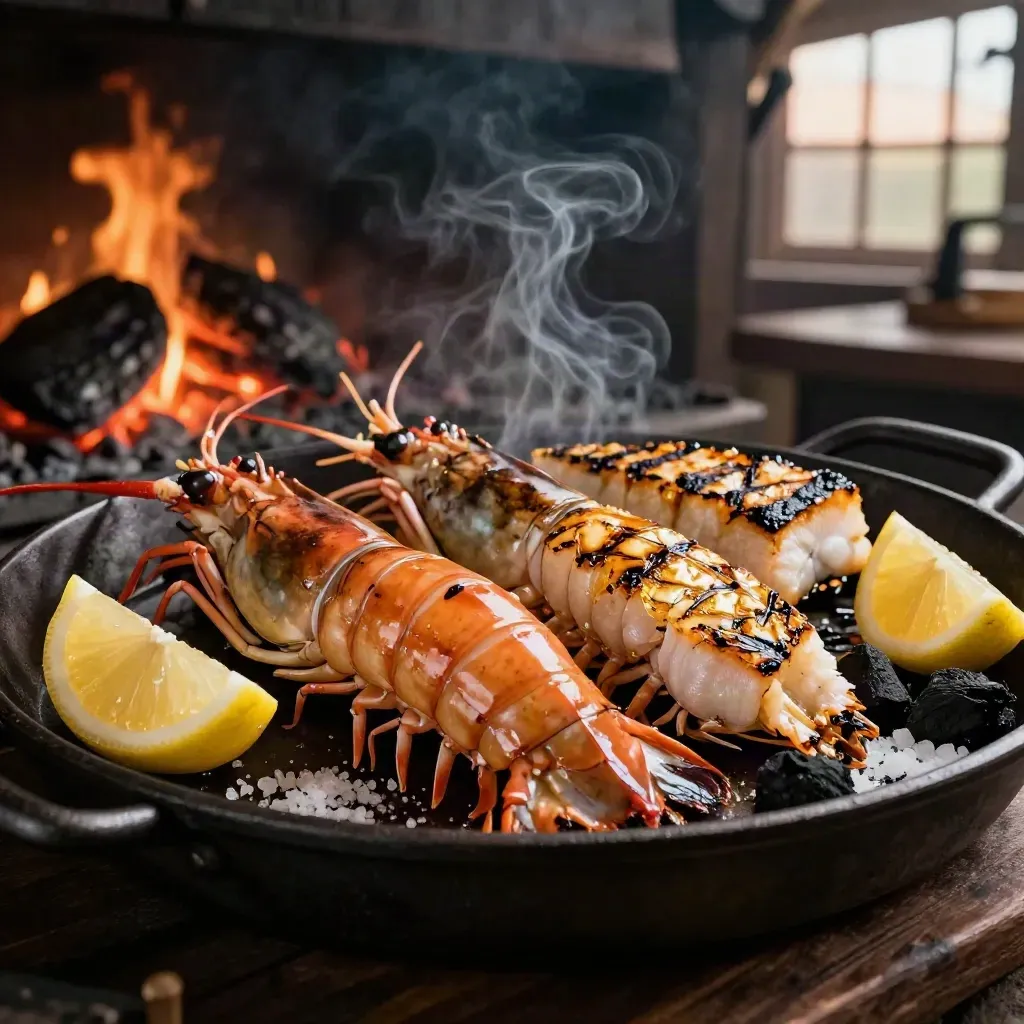 Langostinos y pescado a la brasa en fuente de hierro con limón, sal y humo fino.