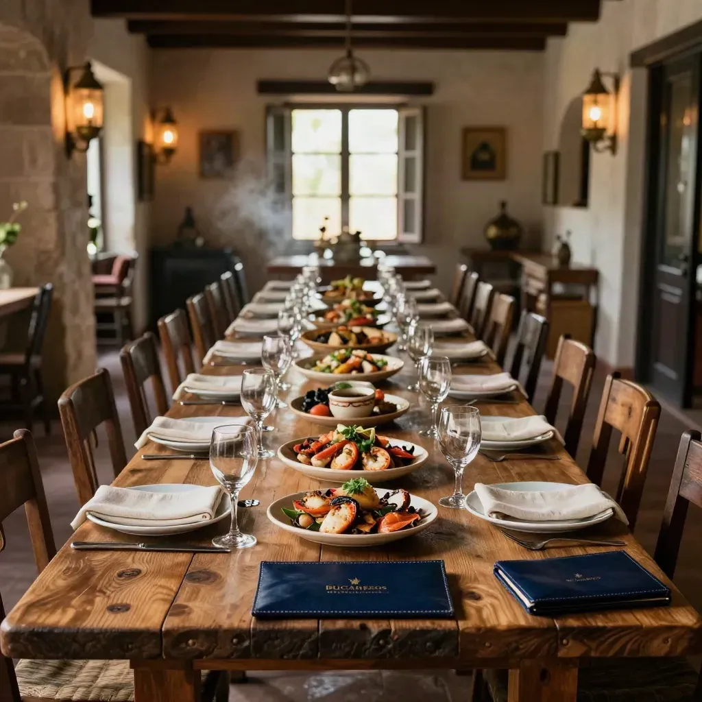 mesa de cena lista para un grupo, copas alineadas y cuenta cerrada en un restaurante pirata