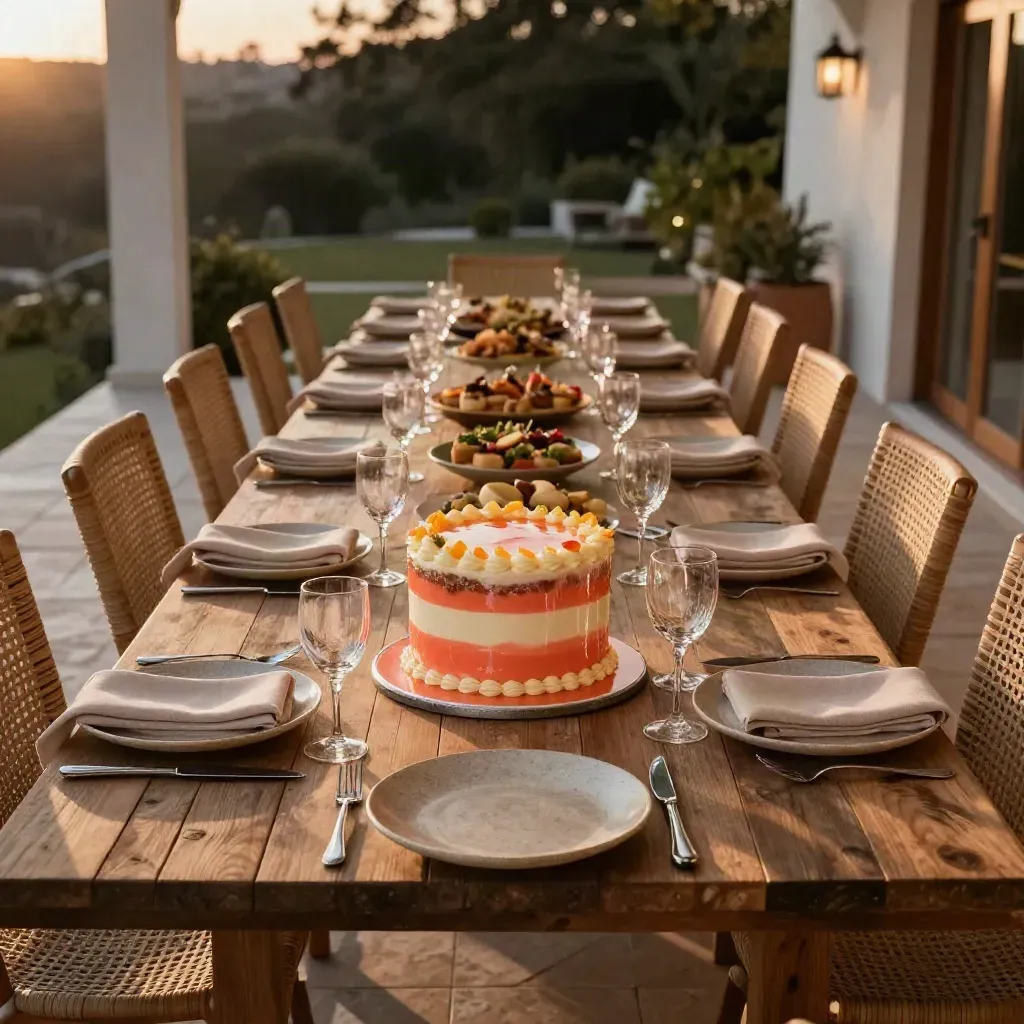 Mesa de cumpleaños lista en terraza con tarta central, copas y camino libre al exterior