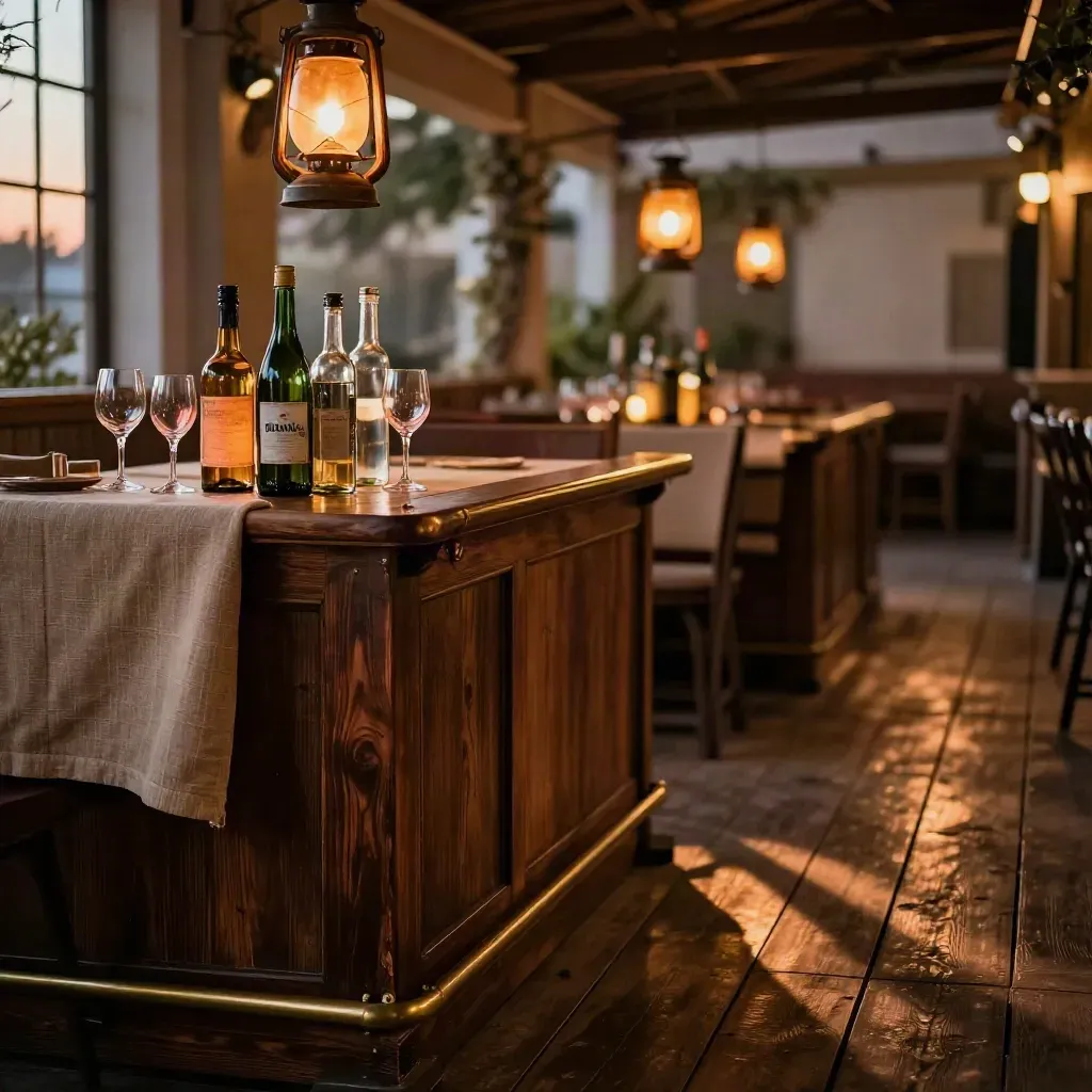 Sala temática con farolillos, botellas iluminadas y copas vacías sobre madera oscura.