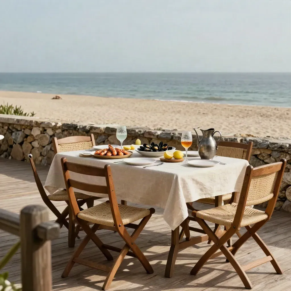 Terraza junto al mar con platos marineros, tronas guardadas y horizonte limpio.