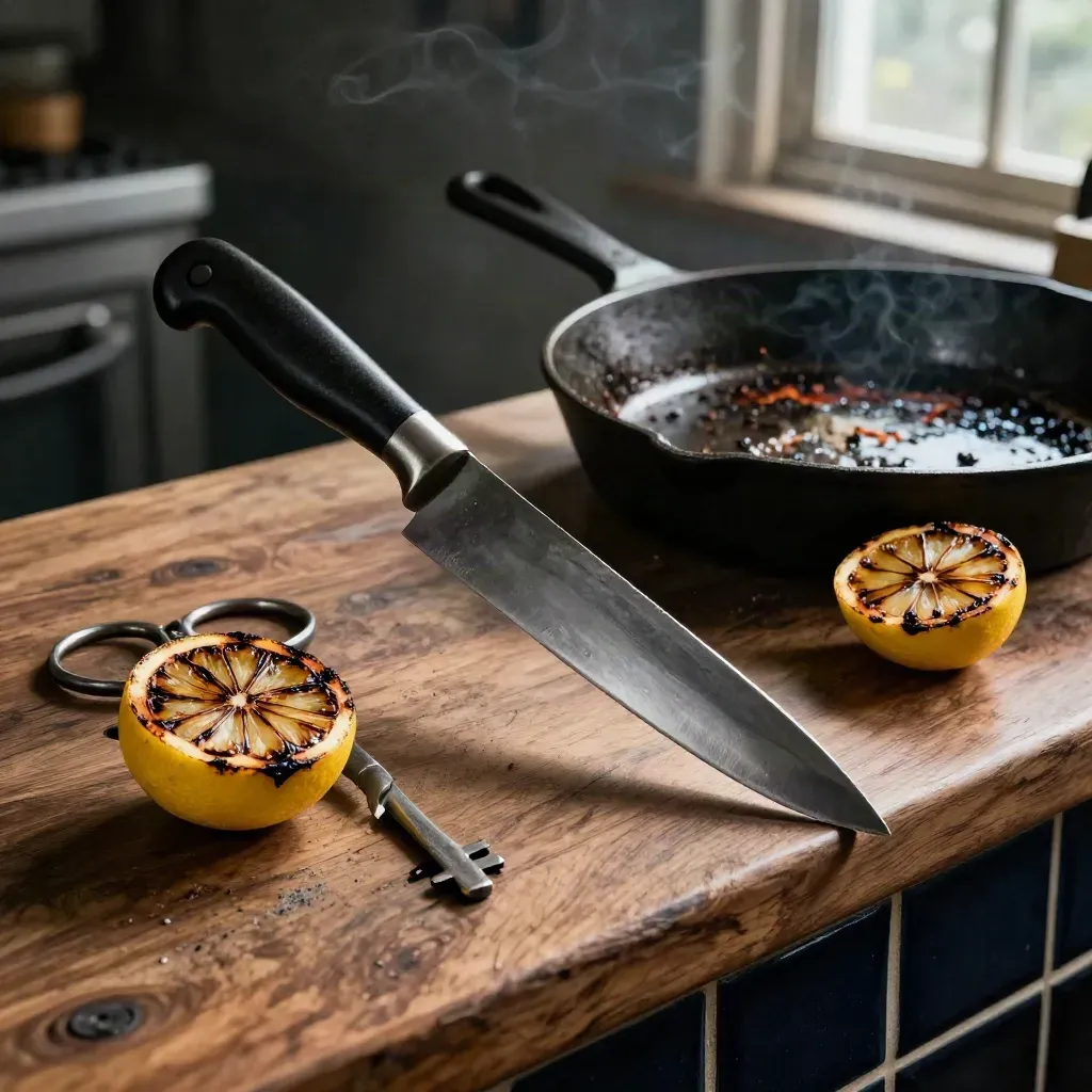 Herramientas de cocina junto a limón quemado y sartén de hierro sobre encimera oscura