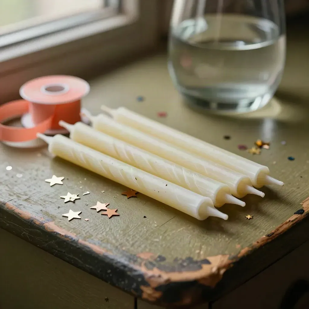 Kit de fiesta con velas, cinta, confeti y florero de vidrio en primerísimo plano.