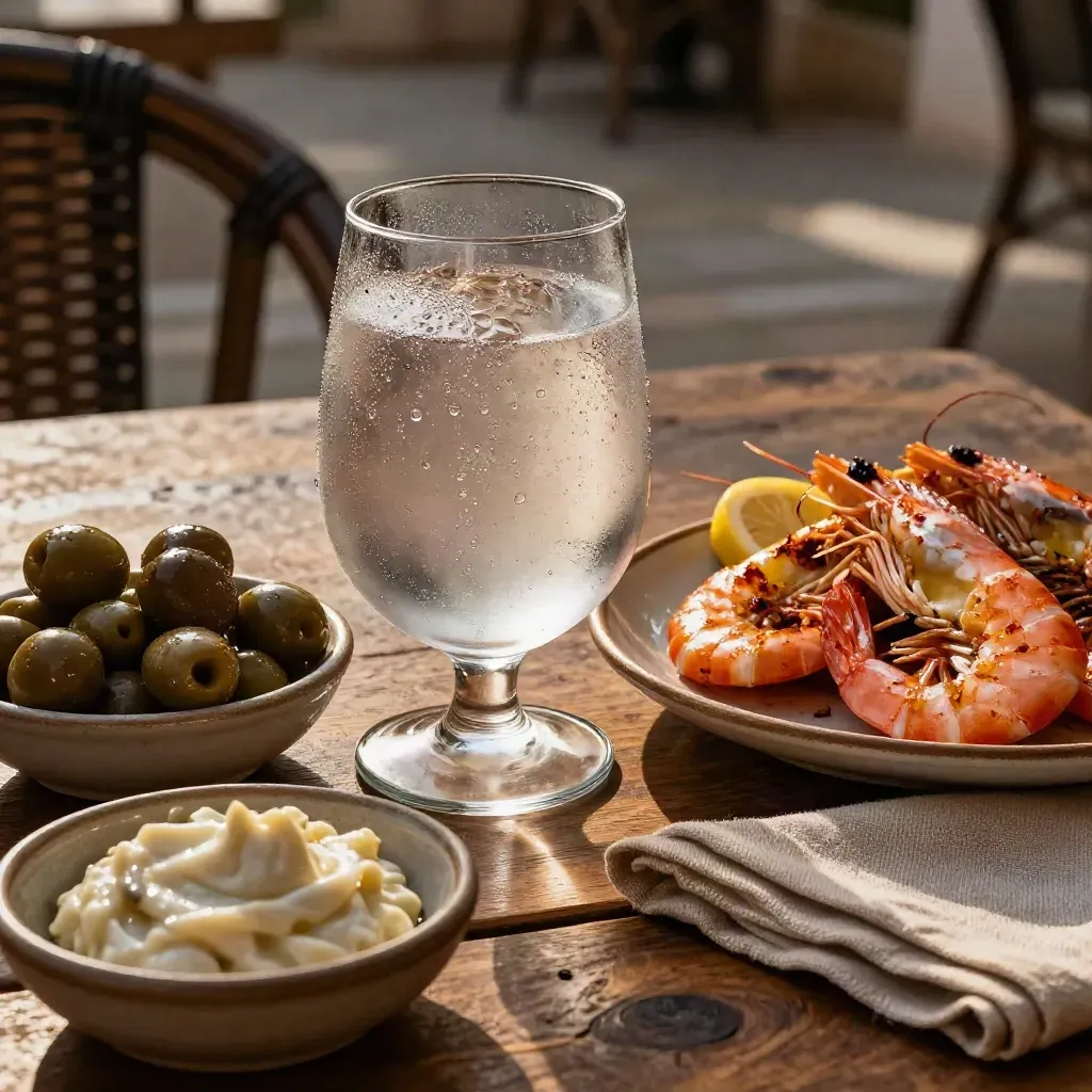 Mesa compacta con tapas, bebida fría y marisco en una terraza, luz cálida.