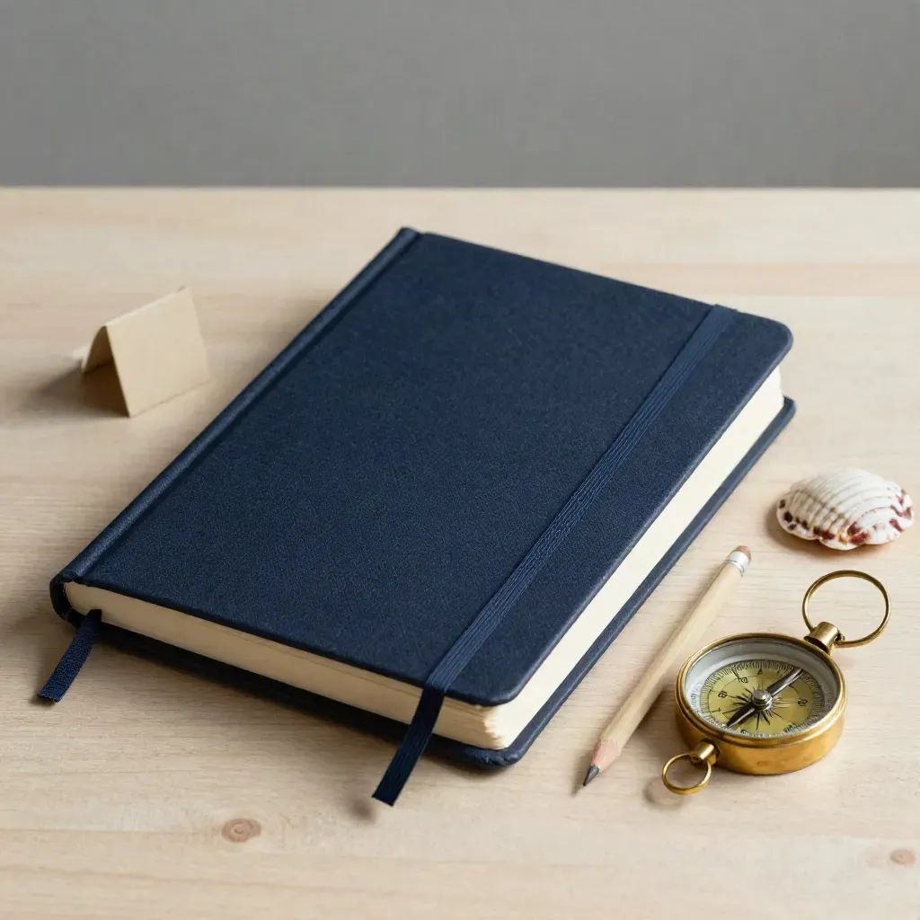 Cuaderno azul marino, brújula, lápiz y concha sobre madera clara con luz suave.