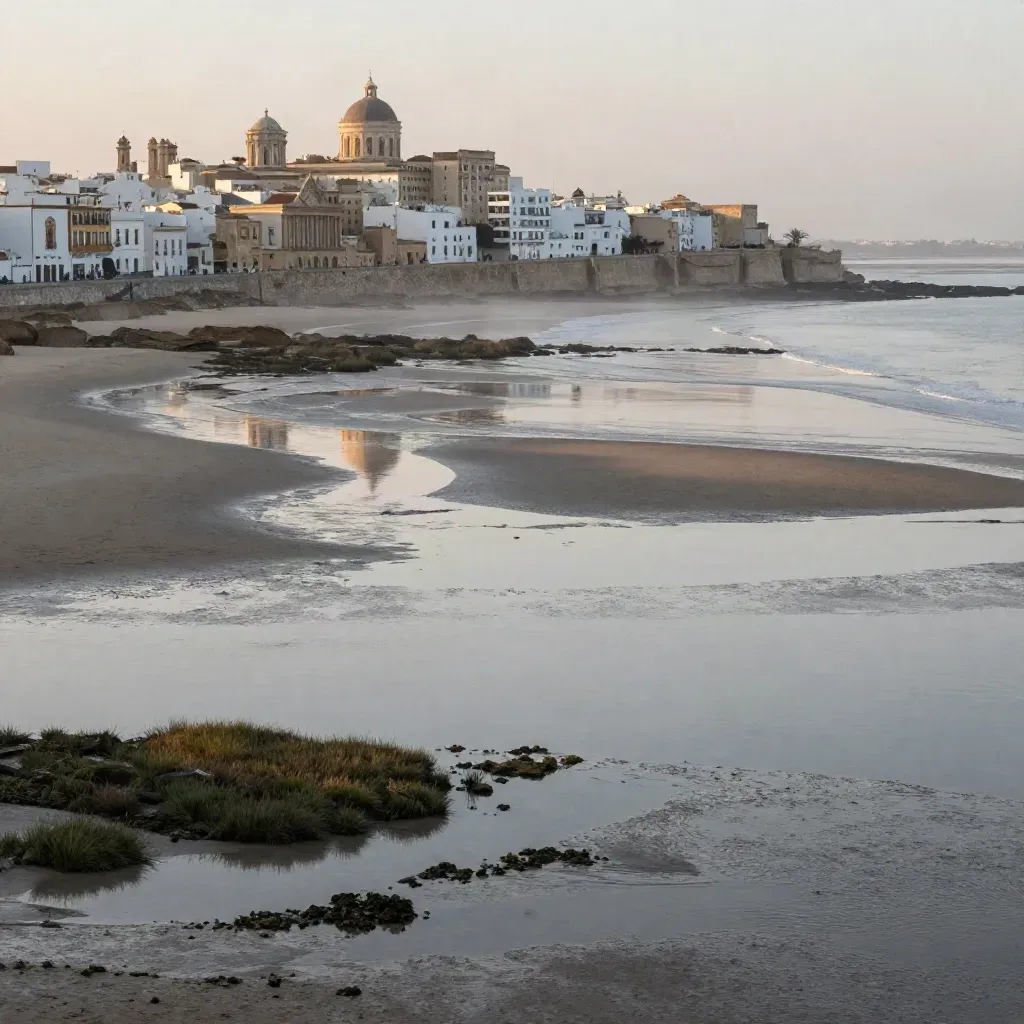 Cádiz alto sobre marismas y arena mojada, con bruma salina y reflejos de marea.