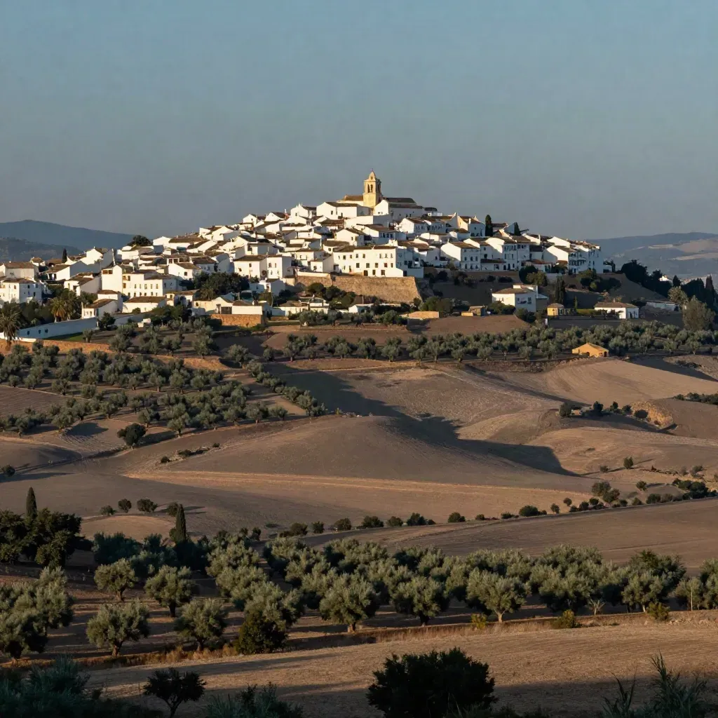 Pueblo blanco andaluz sobre loma con olivares en capas y vega suave al atardecer
