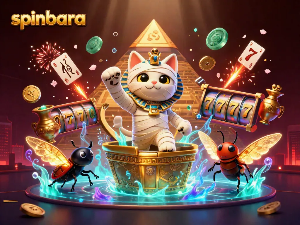 Experience thrilling gaming adventures at spinbara with vibrant slot reels and a mystical Egyptian theme.