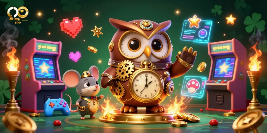 Engage with the exciting robocat app in a vibrant casino-themed digital illustration featuring colorful arcade elements.