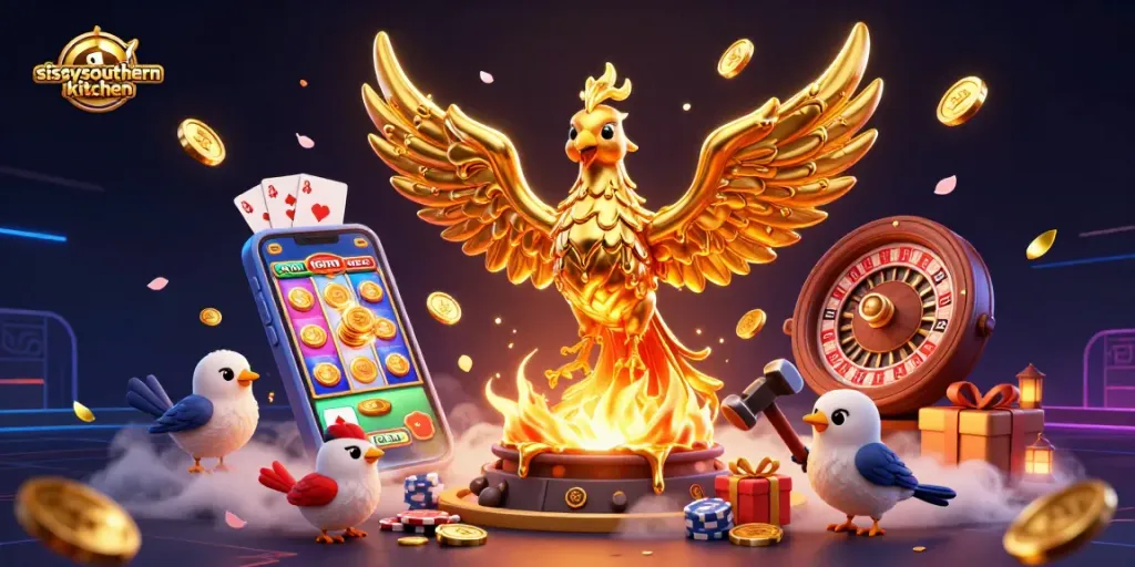 Sissy's Southern Kitchen transforms into a vibrant casino scene with molten gold phoenix and gaming elements.